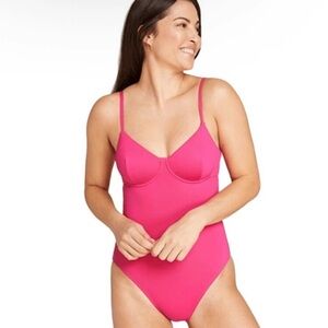 Andie Swim Neon Pink Hibiscus Underwire Bra Bermuda One Piece Swimsuit Small